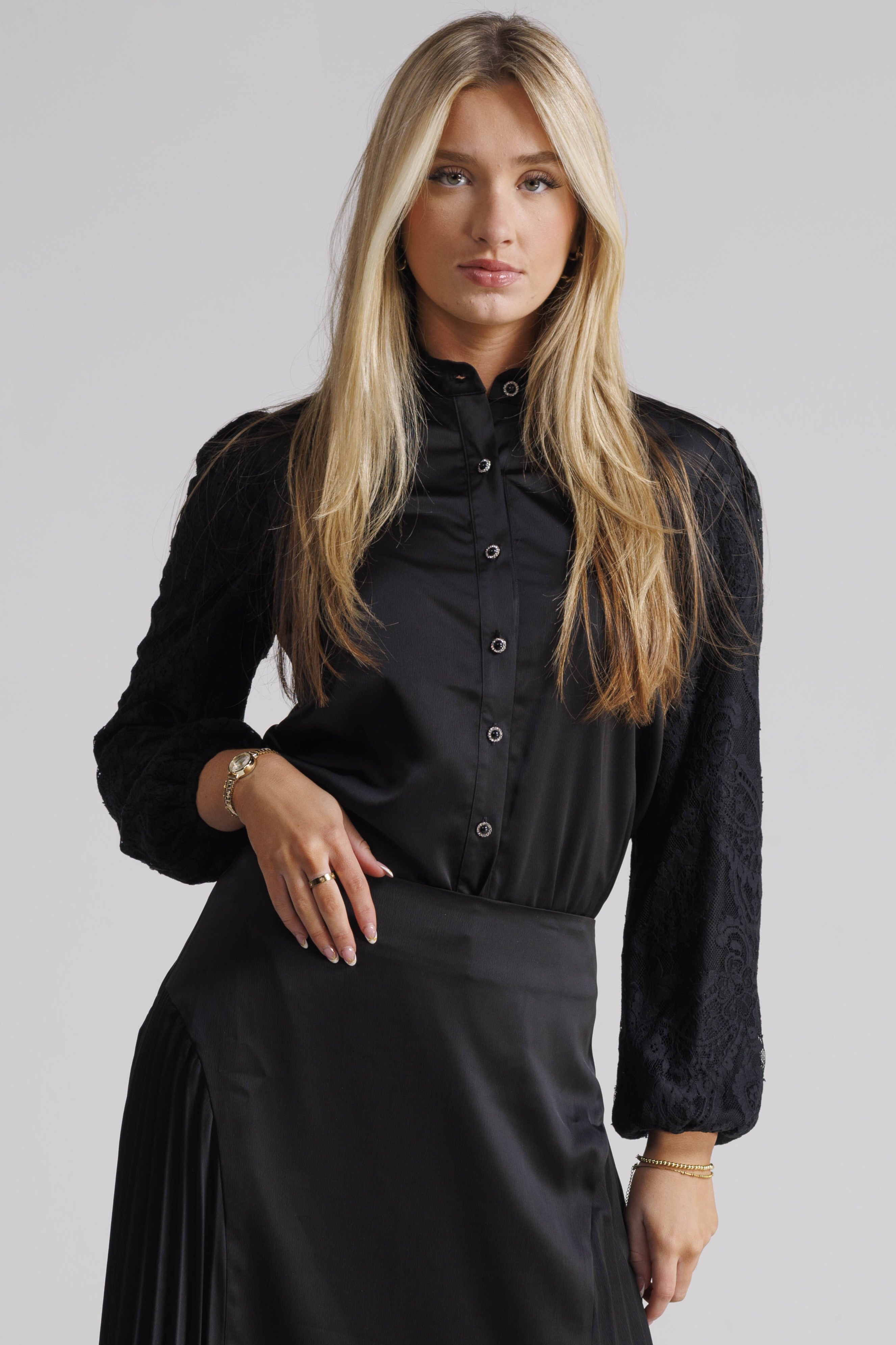Sheer Lace Bell Sleeve Mock Neck Blouse main image 0