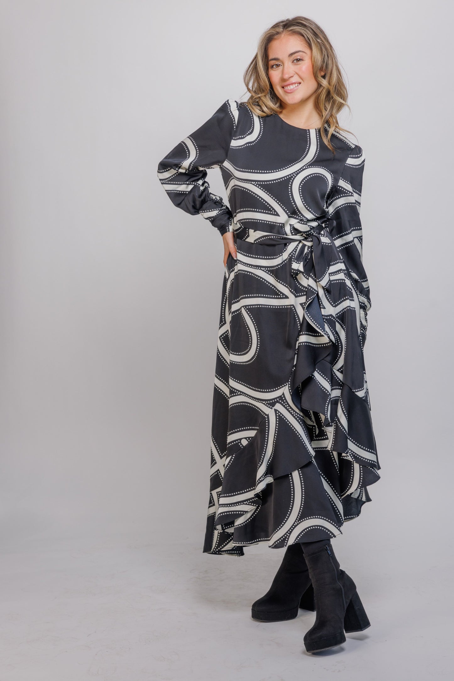 swirl print belted dress with vertical ruffle