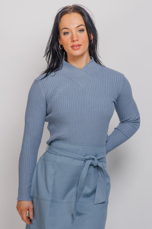 v neck mock ribbed short sweater