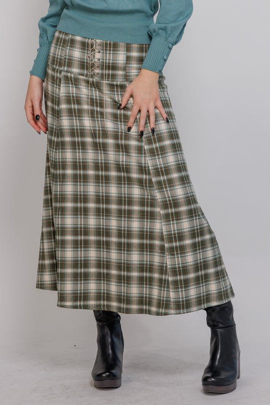plaid midi skirt with lace up front