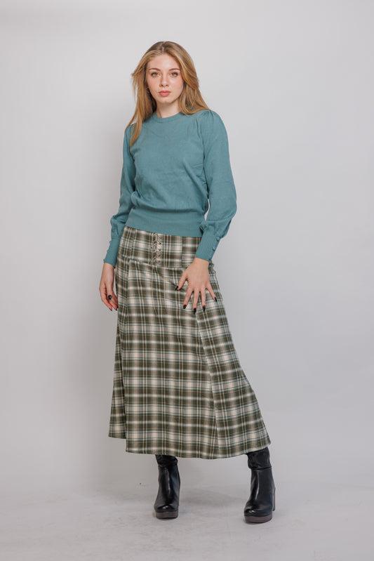 plaid midi skirt with lace up front