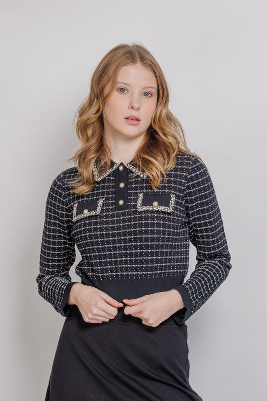 Chanel inspired henley plaid knit top