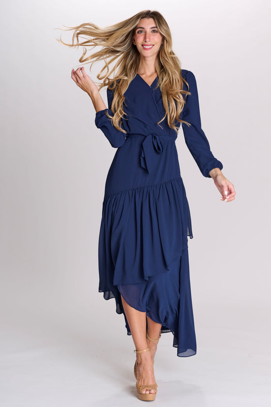 Navy Asymmetrical Wrap Top Dress