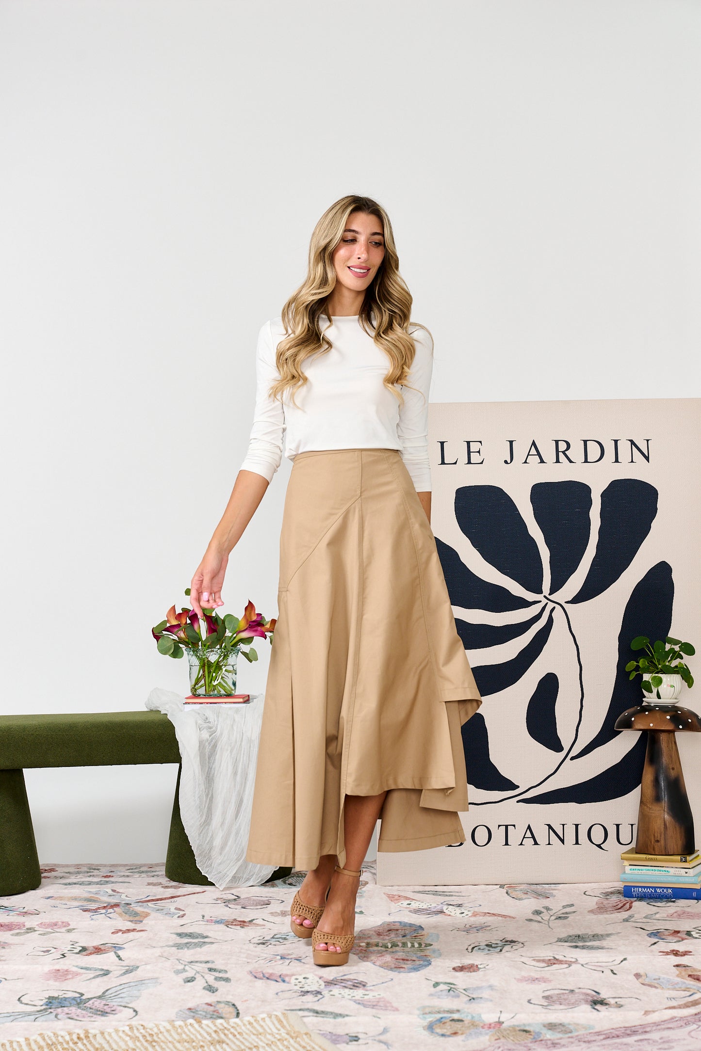 Tan Seamed Midi Skirt