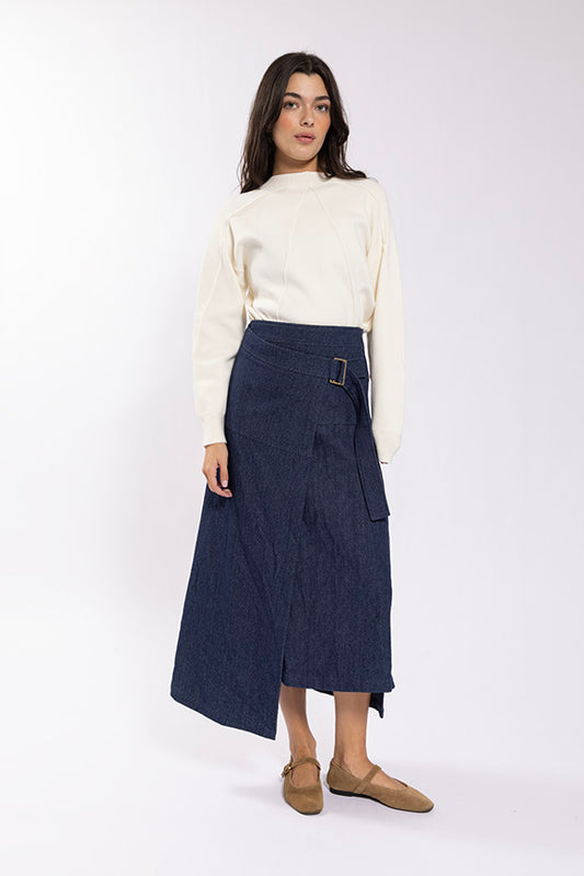 Denim Textured mock wrap midi skirt