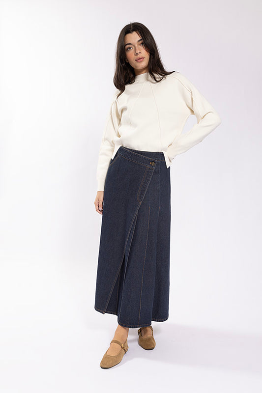 Denim Mock wrap midi skirt